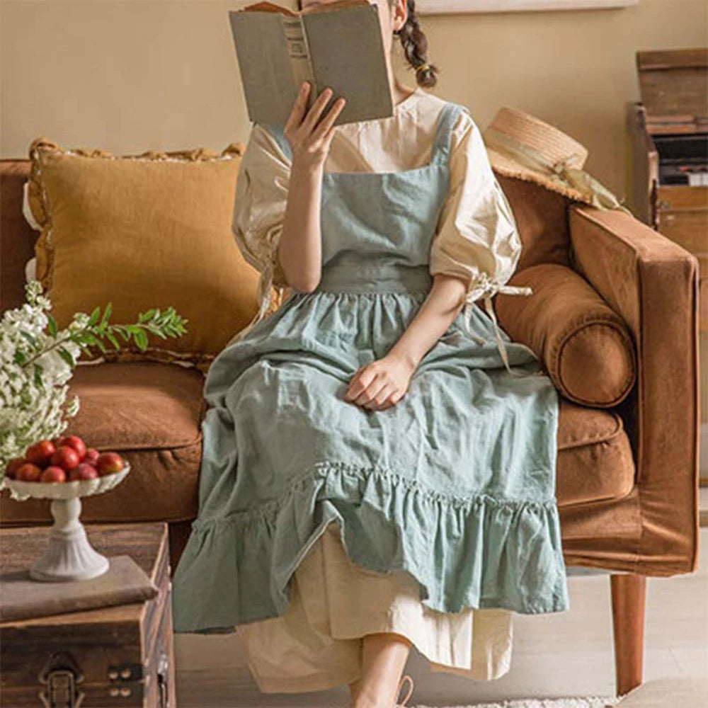 1PC French Pastoral Florist Artsy Cotton Linen Vintage Apron Kitchen Baked Nordic Solid Color Ruffled Apron