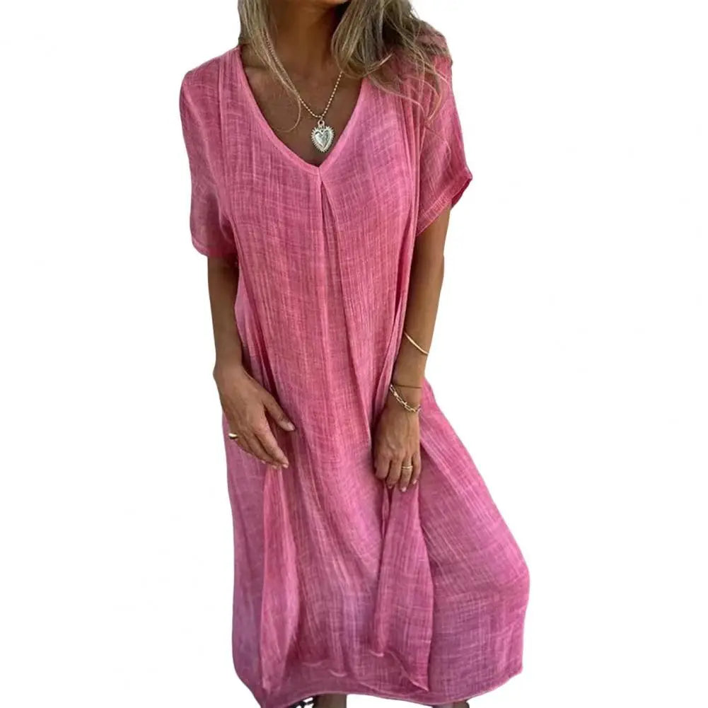 2024 Bohemian Style Cotton Linen Loose Dress Women's V-neck Dress Vintage Straight Beach Dress Soft Breathable Long Dresses