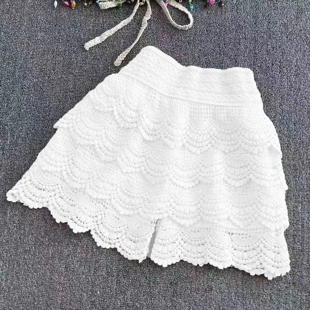 Boho Holiday Crochet Shorts for Women High Waist Hollow Out Lace-up Female Short Ladies Summer All-matching Trousers