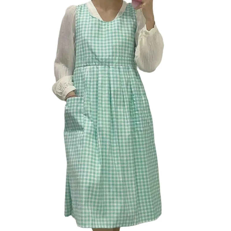 Vintage Checkered Plaids Long Apron Home Kitchen Garden Art Painting Pinafore Dress Side Slit Florist Shop Overalls
