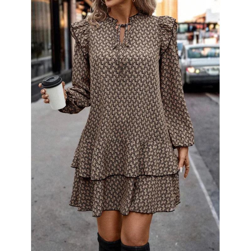 Autumn Women's Print Dress New Fahsion Elegant Casual Long Sleeve Loose Office Holiday Party Mini Dresses For Women Robe Femme