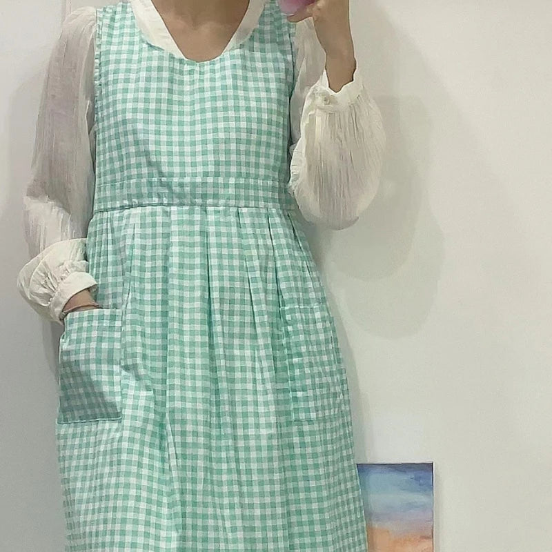 Vintage Checkered Plaids Long Apron Home Kitchen Garden Art Painting Pinafore Dress Side Slit Florist Shop Overalls