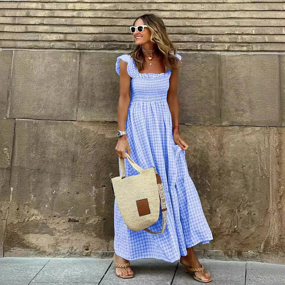 Women's Vintage Plaid Sleeveless Gathered Skirt Dress with Fine Strap Lace Hem Long Dress