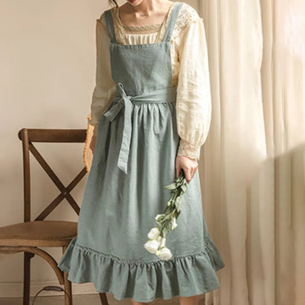 1PC French Pastoral Florist Artsy Cotton Linen Vintage Apron Kitchen Baked Nordic Solid Color Ruffled Apron