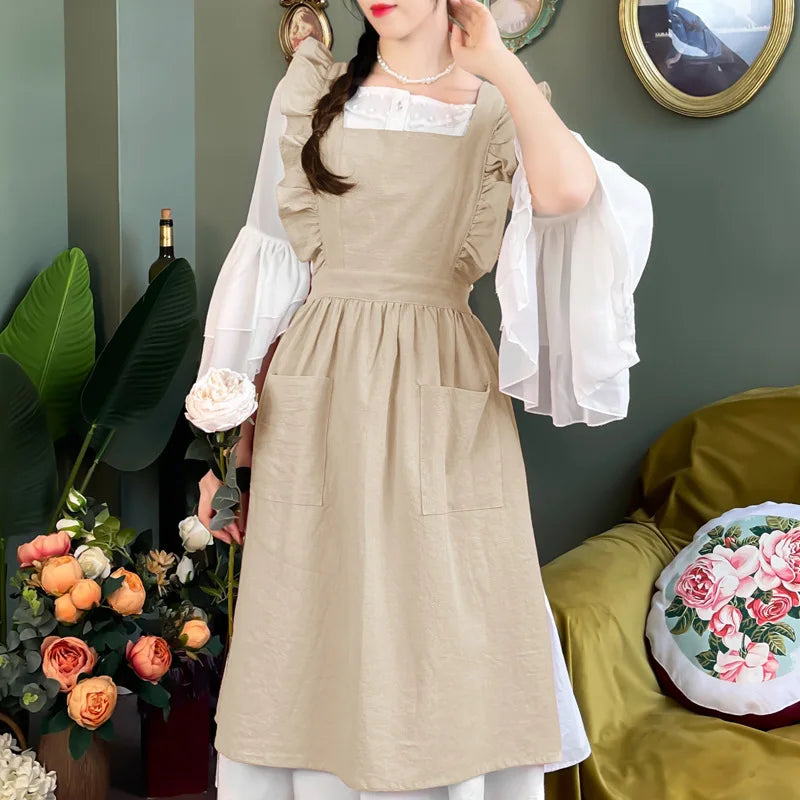 Japanese Korean Cute Lovely Cotton Kitchen Ruffled Aprons, Vintage Baking Apron with Pockets for Chef Cooking Baking Gardening