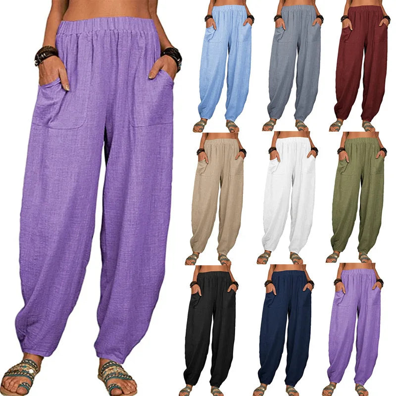Vintage Boho Cotton Linen Pants for Women Summer Pockets Thin Beach Trousers Woman Casual High Waist Loose Harem Pants