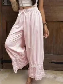 Boho Style Women's Loose Wide Leg Pants Fashion Lace Spliced Solid Casual Pants Comfort Lightweight Women Pants for Travel Daily