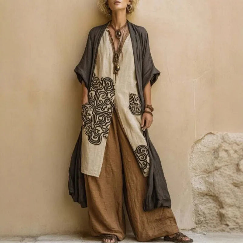 Boho Open Front Kimono Geometric Print Pocket Top Wide Leg Pants 3 Piece Sets Spring Summer Robe Set Woman Loose Vacation Outfit