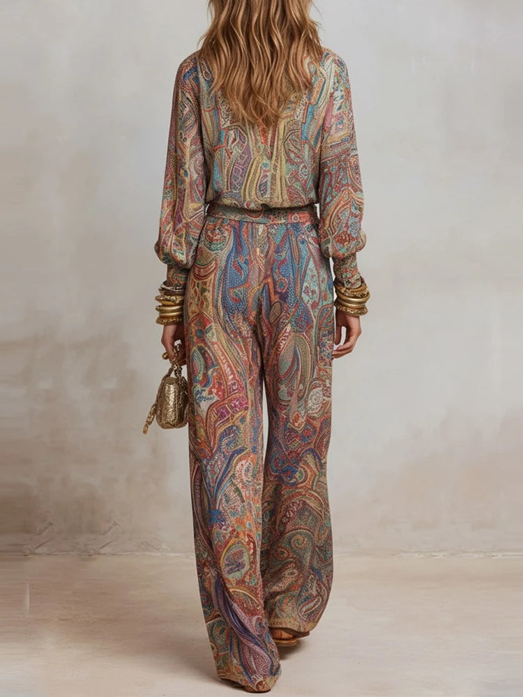 Women's Boho Paisley Print Two-Piece Set V-Neck Long Sleeve Blouse Top Wide Leg Pants Casual Loose Suit for Vacation