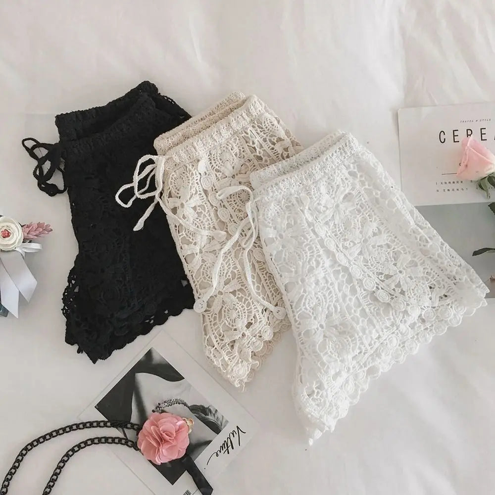 Boho Holiday Crochet Shorts for Women High Waist Hollow Out Lace-up Female Short Ladies Summer All-matching Trousers