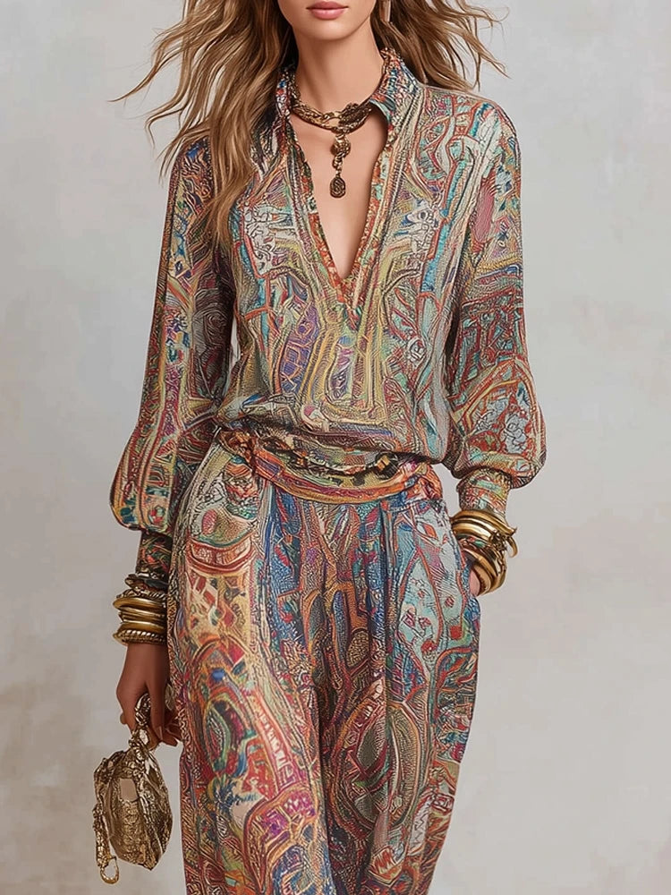 Women's Boho Paisley Print Two-Piece Set V-Neck Long Sleeve Blouse Top Wide Leg Pants Casual Loose Suit for Vacation