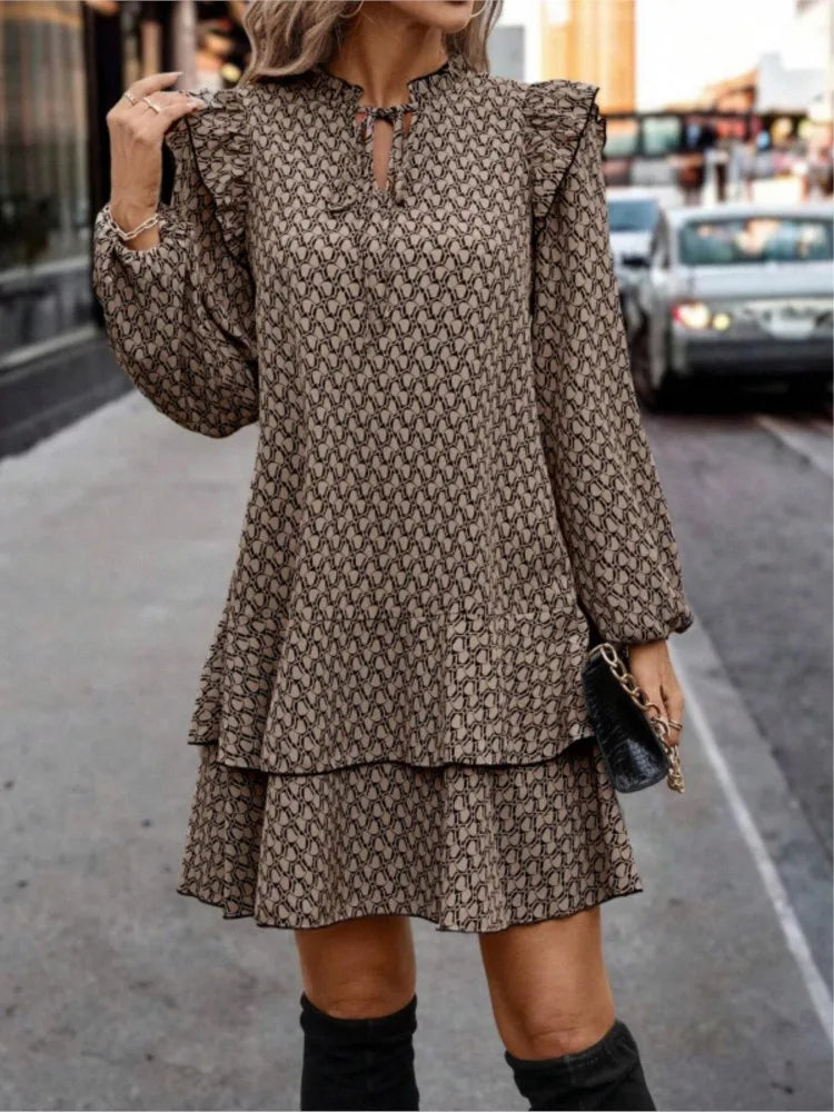 Autumn Women's Print Dress New Fahsion Elegant Casual Long Sleeve Loose Office Holiday Party Mini Dresses For Women Robe Femme