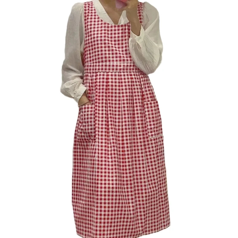 Vintage Checkered Plaids Long Apron Home Kitchen Garden Art Painting Pinafore Dress Side Slit Florist Shop Overalls