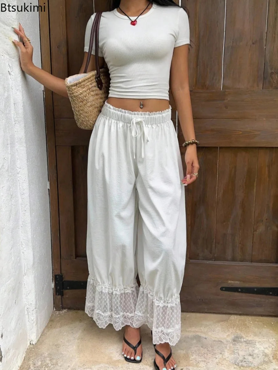 Boho Style Women's Loose Wide Leg Pants Fashion Lace Spliced Solid Casual Pants Comfort Lightweight Women Pants for Travel Daily