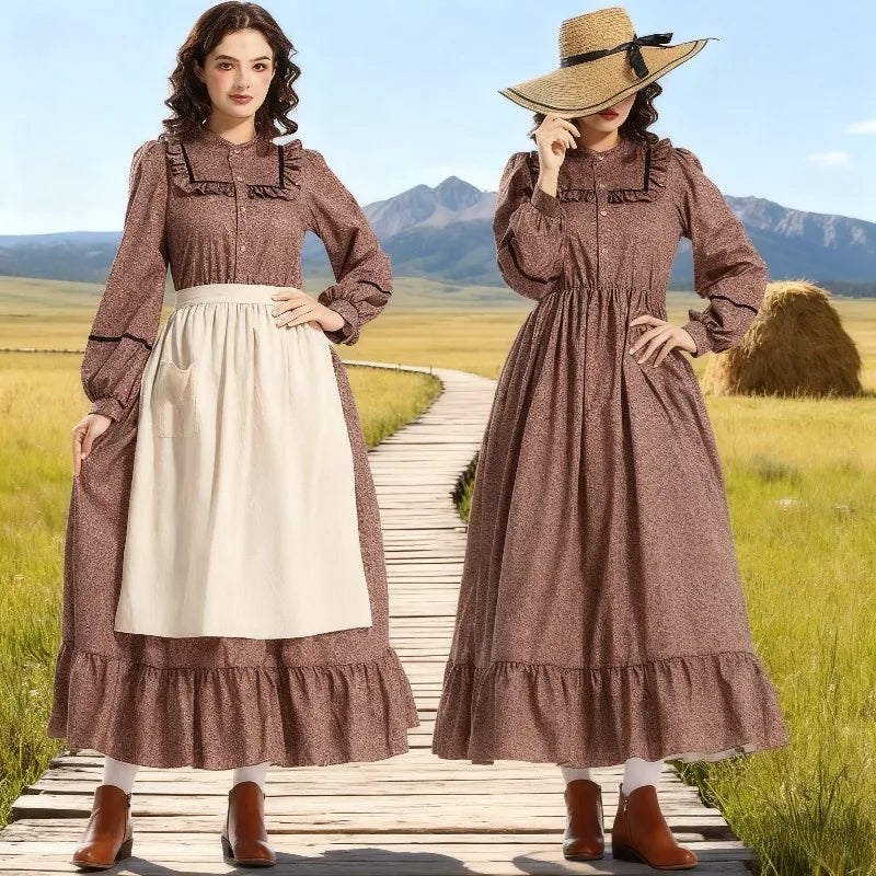 Vintage Victorian Prairie Dress Medieval Colonial Floral Gown Renaissance Fair Attire with Elegant Style