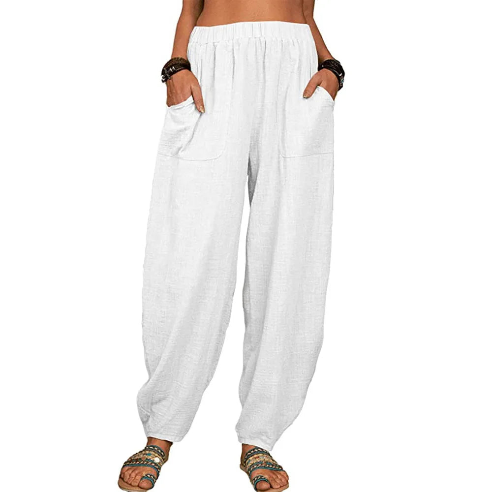 Vintage Boho Cotton Linen Pants for Women Summer Pockets Thin Beach Trousers Woman Casual High Waist Loose Harem Pants