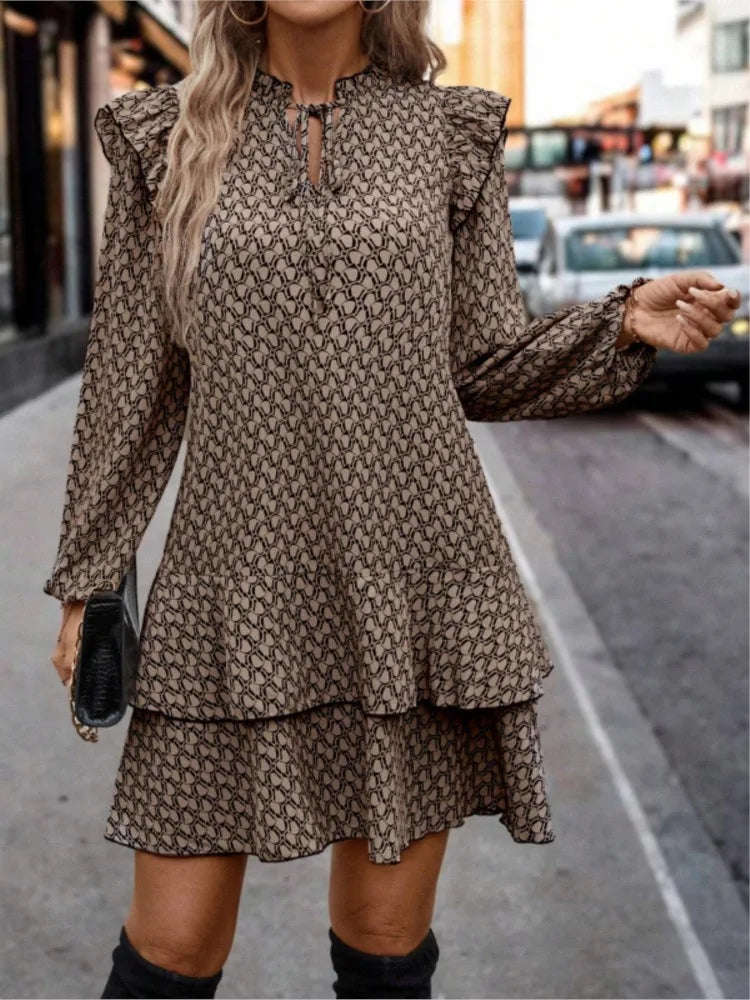 Autumn Women's Print Dress New Fahsion Elegant Casual Long Sleeve Loose Office Holiday Party Mini Dresses For Women Robe Femme