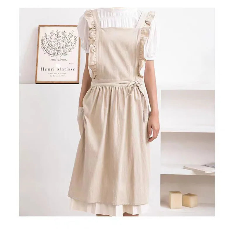 Japanese Korean Cute Lovely Cotton Kitchen Ruffled Aprons, Vintage Baking Apron with Pockets for Chef Cooking Baking Gardening