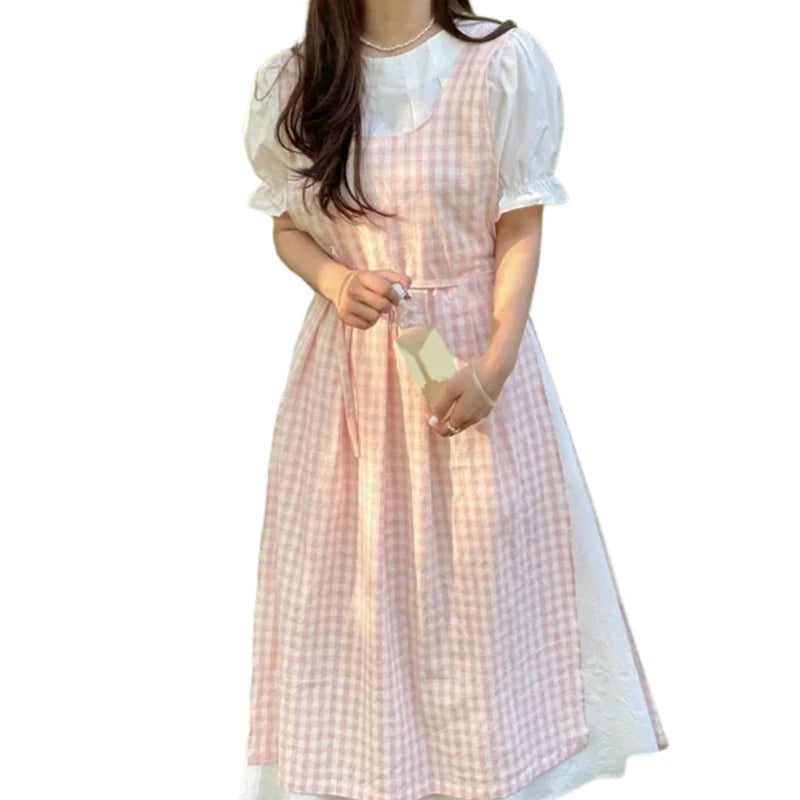 Vintage Checkered Plaids Long Apron Home Kitchen Garden Art Painting Pinafore Dress Side Slit Florist Shop Overalls
