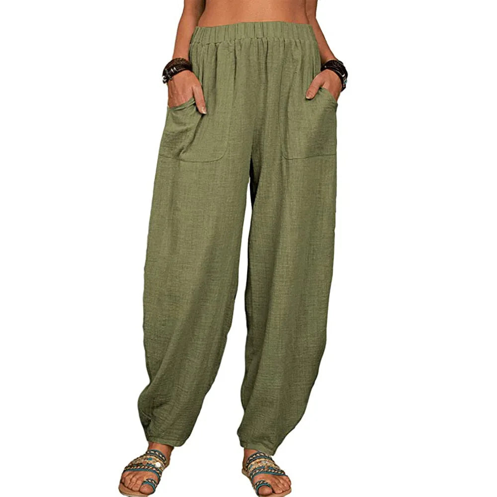 Vintage Boho Cotton Linen Pants for Women Summer Pockets Thin Beach Trousers Woman Casual High Waist Loose Harem Pants