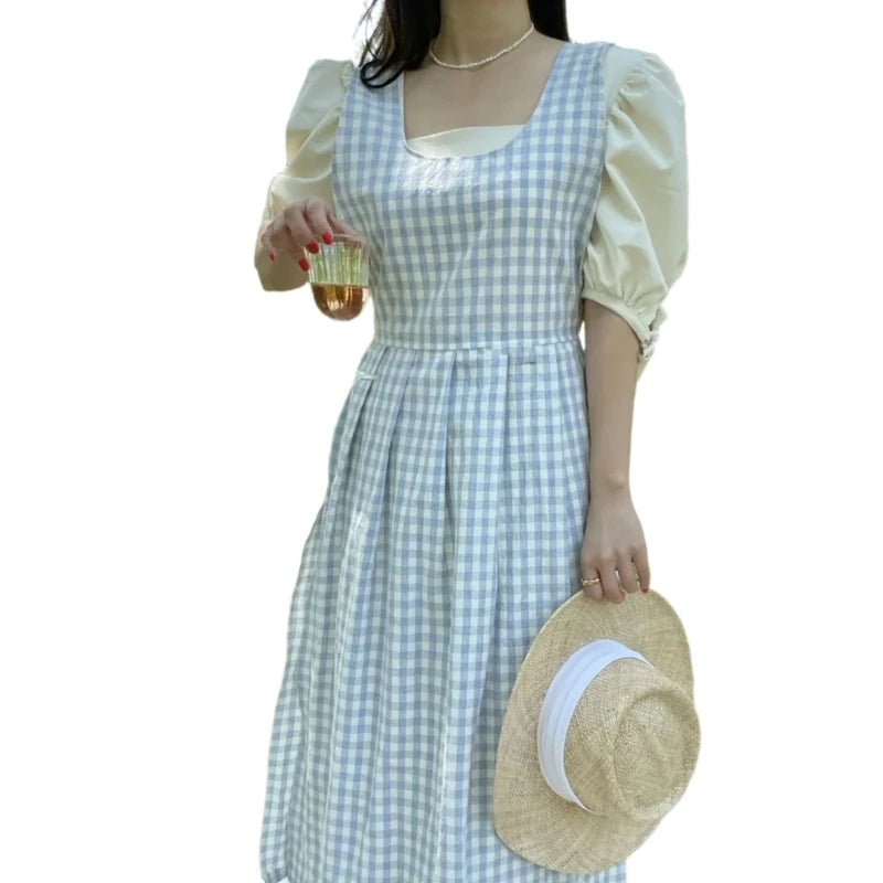 Vintage Checkered Plaids Long Apron Home Kitchen Garden Art Painting Pinafore Dress Side Slit Florist Shop Overalls