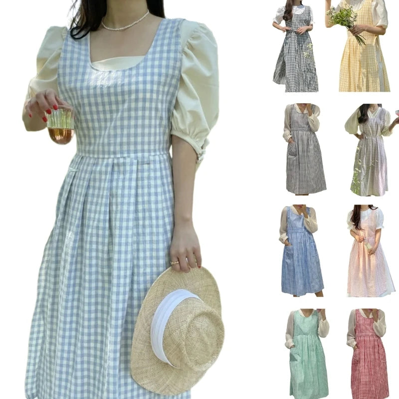 Vintage Checkered Plaids Long Apron Home Kitchen Garden Art Painting Pinafore Dress Side Slit Florist Shop Overalls