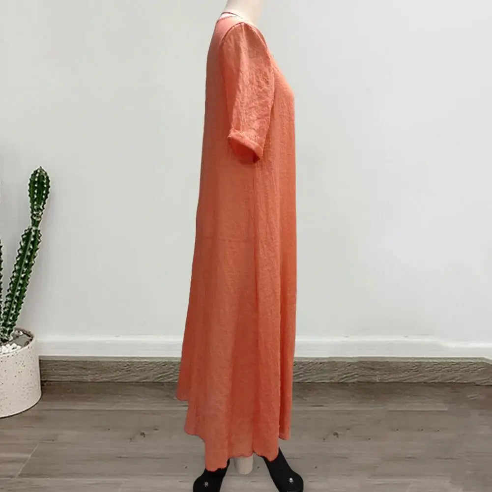 2024 Bohemian Style Cotton Linen Loose Dress Women's V-neck Dress Vintage Straight Beach Dress Soft Breathable Long Dresses