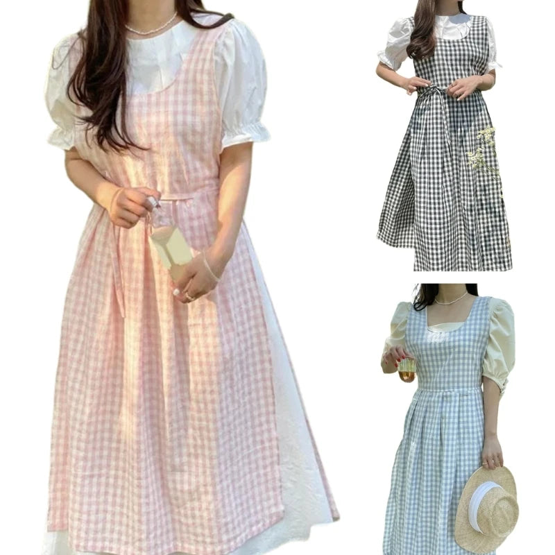 Vintage Checkered Plaids Long Apron Home Kitchen Garden Art Painting Pinafore Dress Side Slit Florist Shop Overalls