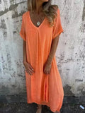 2024 Bohemian Style Cotton Linen Loose Dress Women's V-neck Dress Vintage Straight Beach Dress Soft Breathable Long Dresses