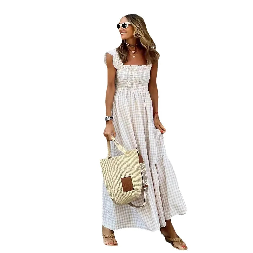Women's Vintage Plaid Sleeveless Gathered Skirt Dress with Fine Strap Lace Hem Long Dress