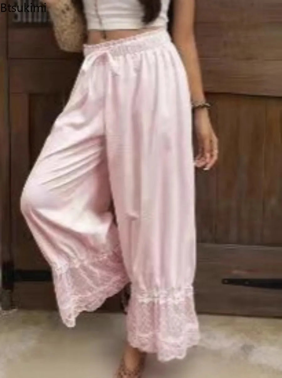 Boho Style Women's Loose Wide Leg Pants Fashion Lace Spliced Solid Casual Pants Comfort Lightweight Women Pants for Travel Daily