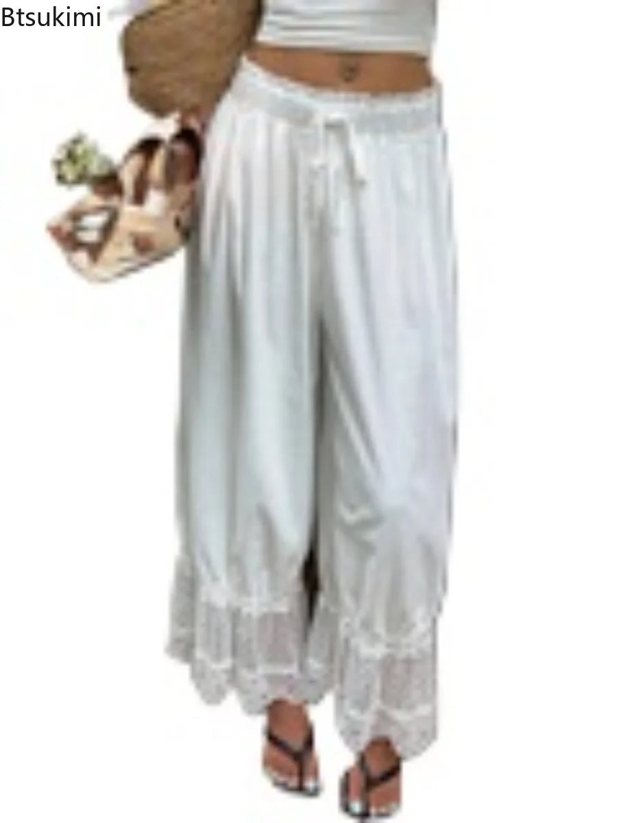 Boho Style Women's Loose Wide Leg Pants Fashion Lace Spliced Solid Casual Pants Comfort Lightweight Women Pants for Travel Daily
