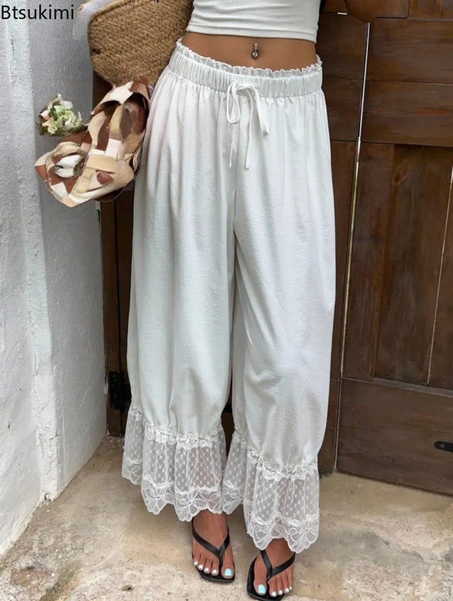 Boho Style Women's Loose Wide Leg Pants Fashion Lace Spliced Solid Casual Pants Comfort Lightweight Women Pants for Travel Daily
