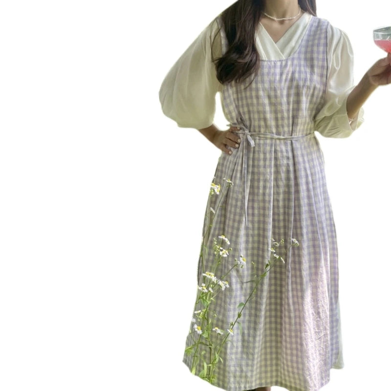 Vintage Checkered Plaids Long Apron Home Kitchen Garden Art Painting Pinafore Dress Side Slit Florist Shop Overalls