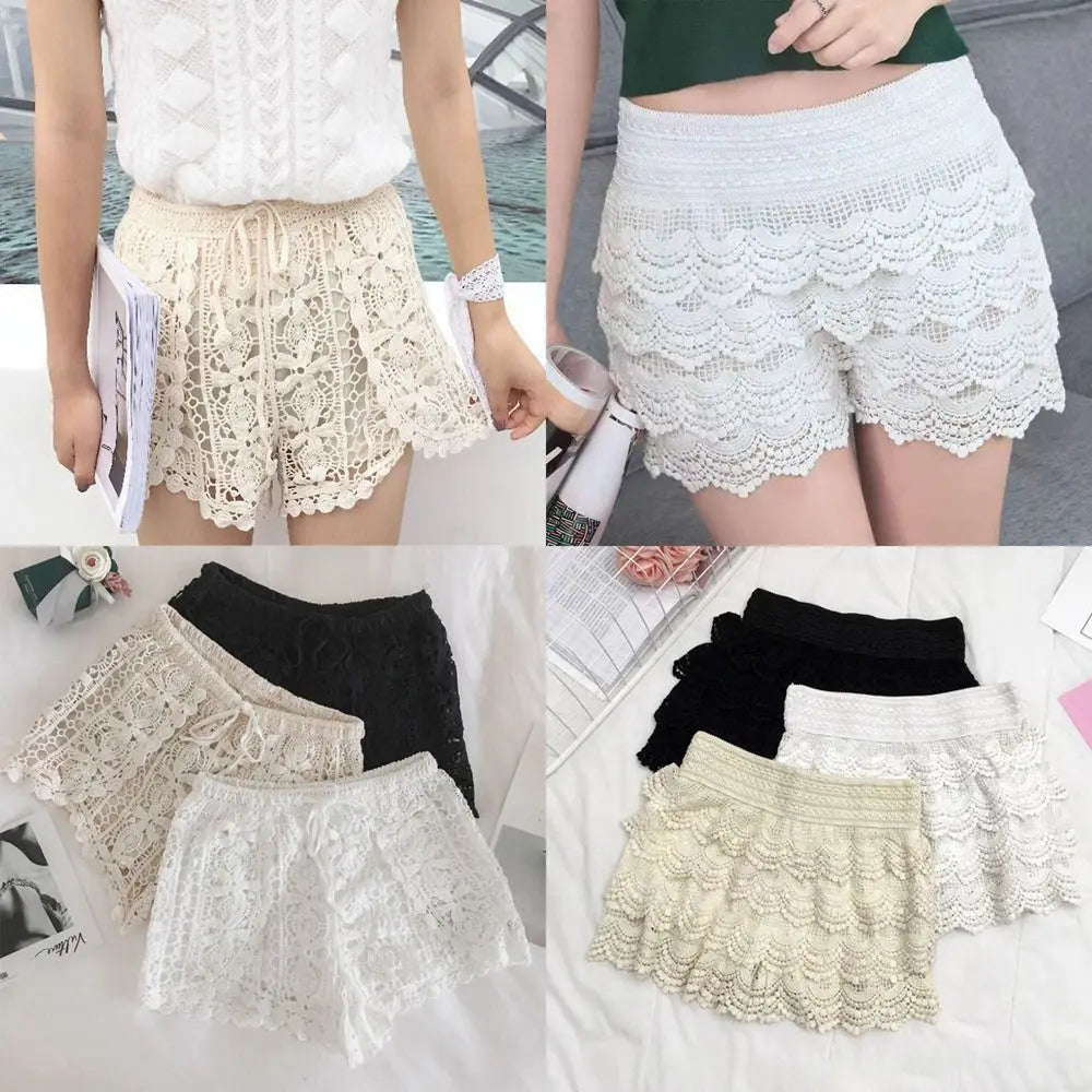 Boho Holiday Crochet Shorts for Women High Waist Hollow Out Lace-up Female Short Ladies Summer All-matching Trousers