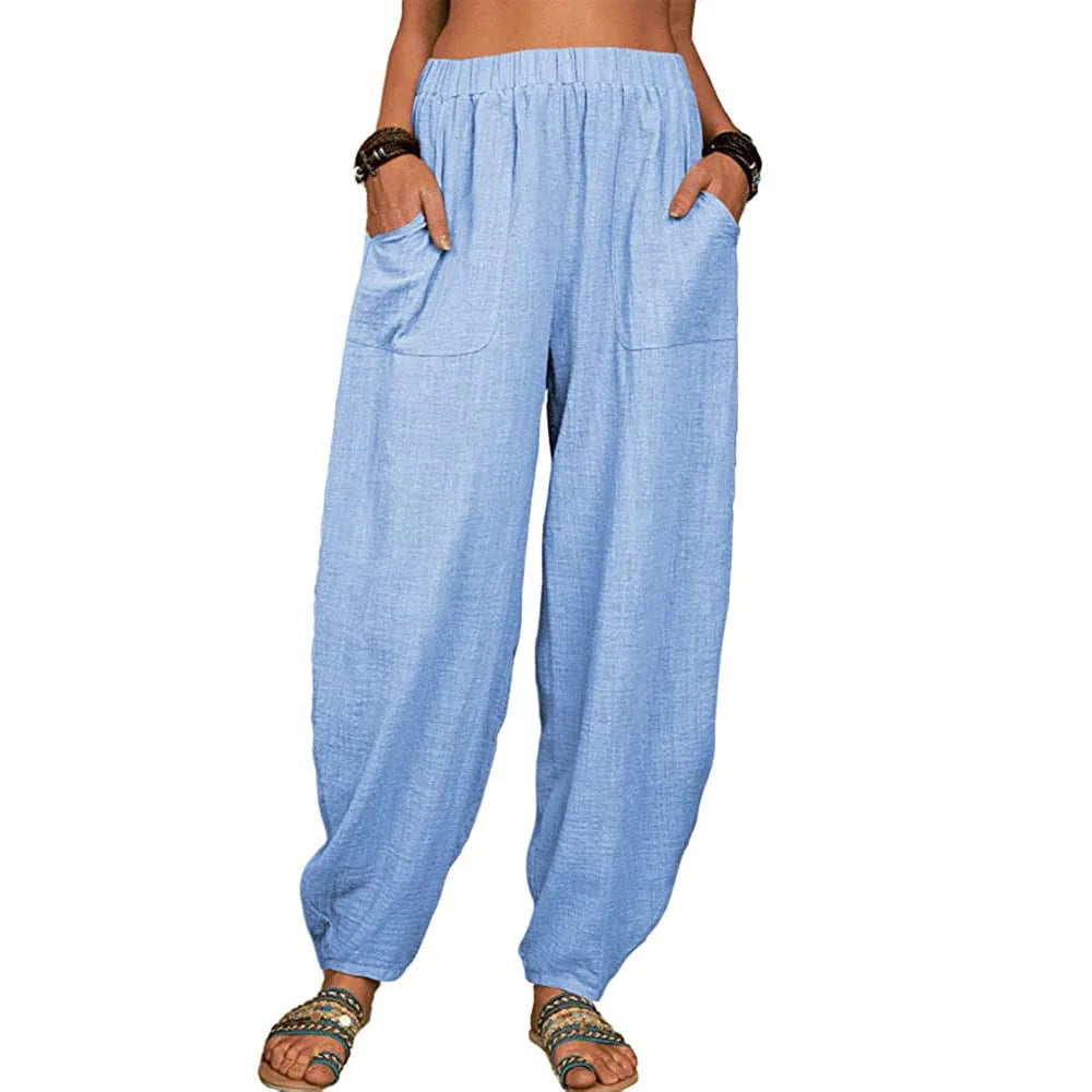 Vintage Boho Cotton Linen Pants for Women Summer Pockets Thin Beach Trousers Woman Casual High Waist Loose Harem Pants