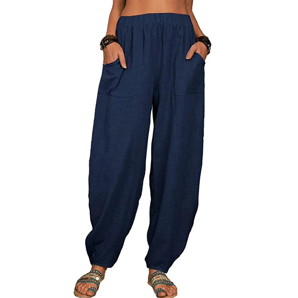 Vintage Boho Cotton Linen Pants for Women Summer Pockets Thin Beach Trousers Woman Casual High Waist Loose Harem Pants