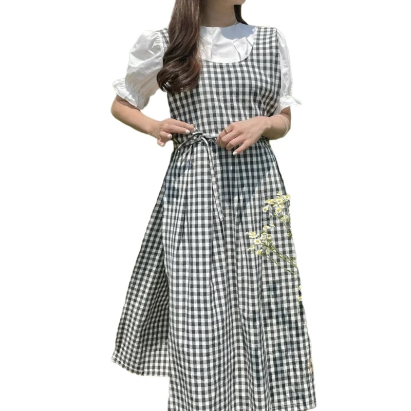 Vintage Checkered Plaids Long Apron Home Kitchen Garden Art Painting Pinafore Dress Side Slit Florist Shop Overalls