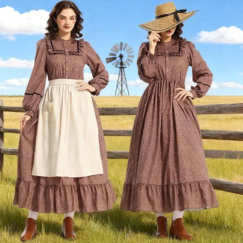 Vintage Victorian Prairie Dress Medieval Colonial Floral Gown Renaissance Fair Attire with Elegant Style