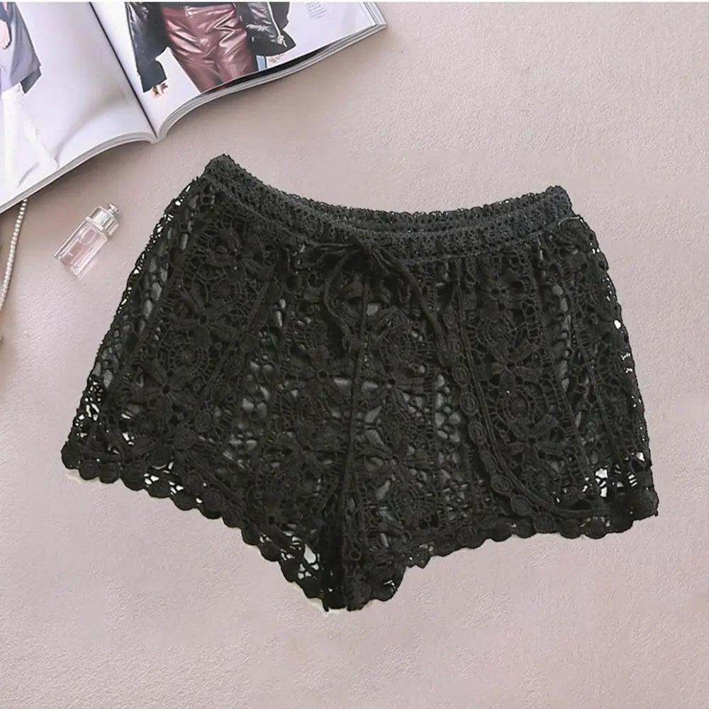 Boho Holiday Crochet Shorts for Women High Waist Hollow Out Lace-up Female Short Ladies Summer All-matching Trousers
