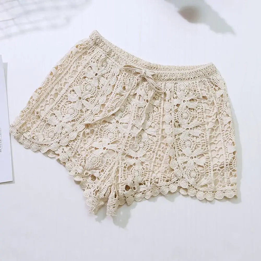 Boho Holiday Crochet Shorts for Women High Waist Hollow Out Lace-up Female Short Ladies Summer All-matching Trousers