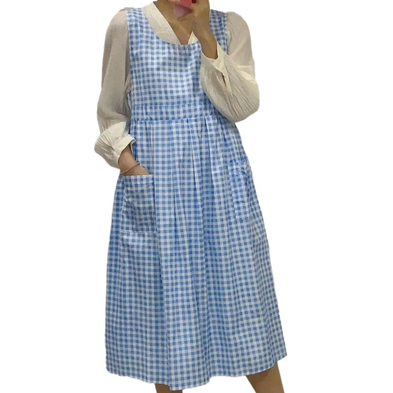 Vintage Checkered Plaids Long Apron Home Kitchen Garden Art Painting Pinafore Dress Side Slit Florist Shop Overalls
