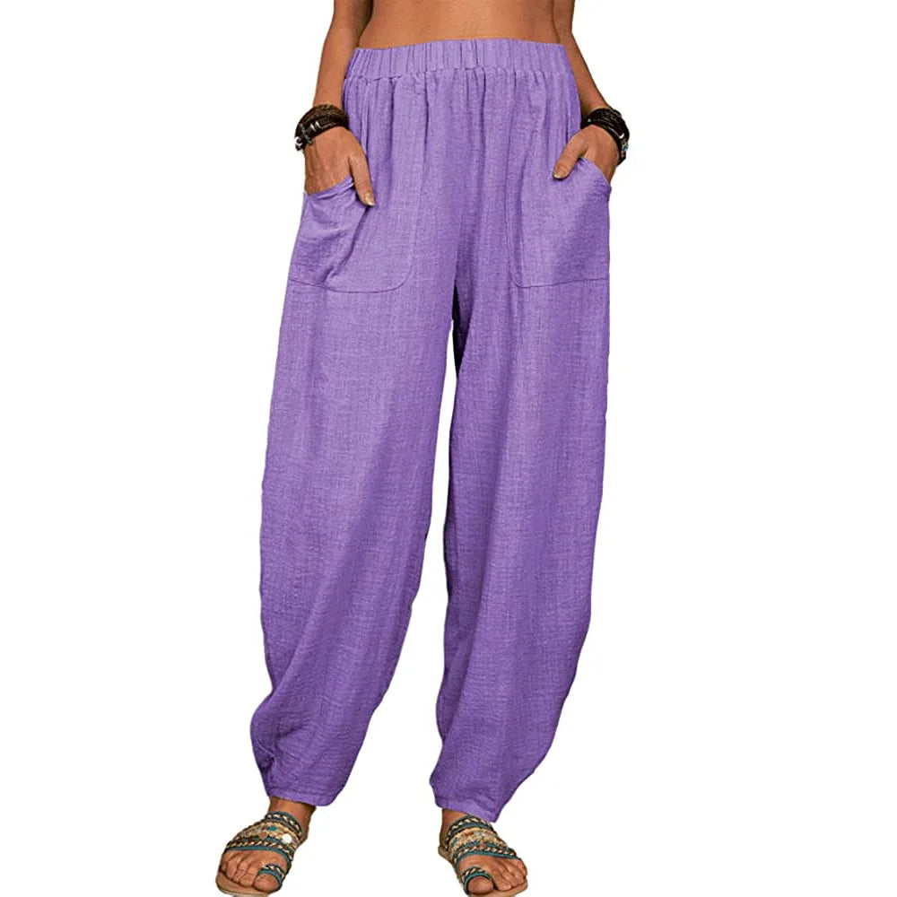 Vintage Boho Cotton Linen Pants for Women Summer Pockets Thin Beach Trousers Woman Casual High Waist Loose Harem Pants