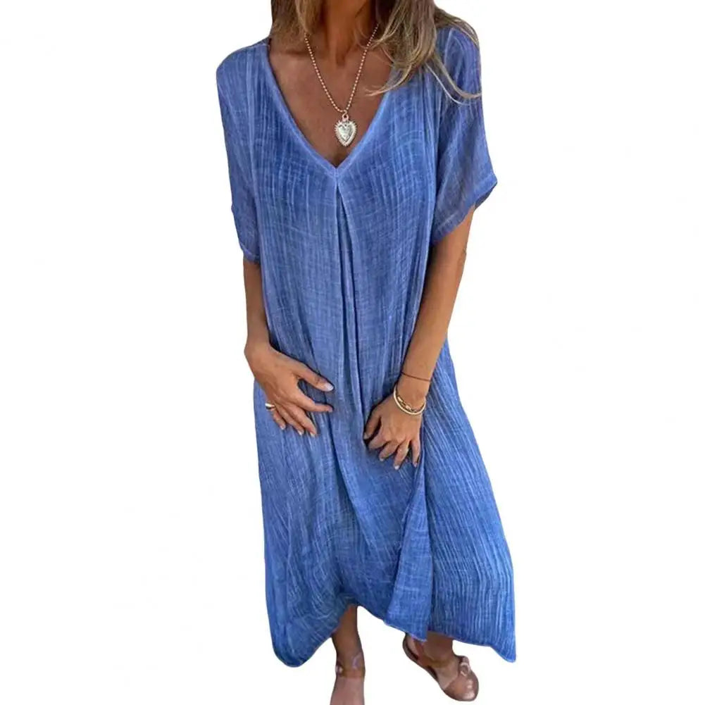 2024 Bohemian Style Cotton Linen Loose Dress Women's V-neck Dress Vintage Straight Beach Dress Soft Breathable Long Dresses
