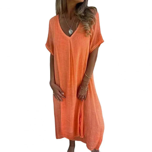 2024 Bohemian Style Cotton Linen Loose Dress Women's V-neck Dress Vintage Straight Beach Dress Soft Breathable Long Dresses