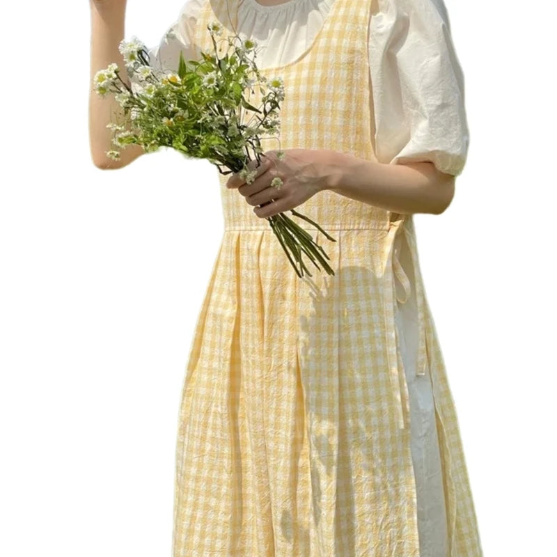 Vintage Checkered Plaids Long Apron Home Kitchen Garden Art Painting Pinafore Dress Side Slit Florist Shop Overalls