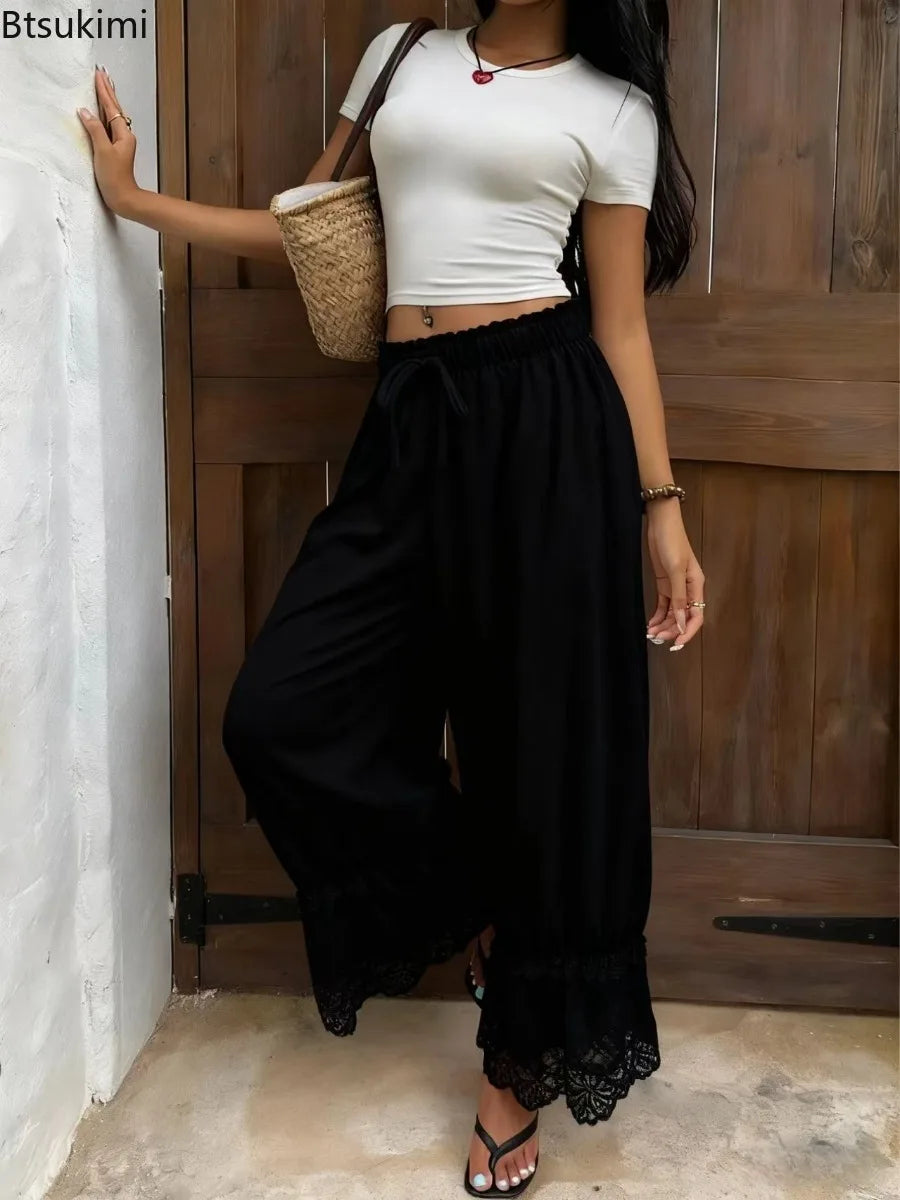Boho Style Women's Loose Wide Leg Pants Fashion Lace Spliced Solid Casual Pants Comfort Lightweight Women Pants for Travel Daily