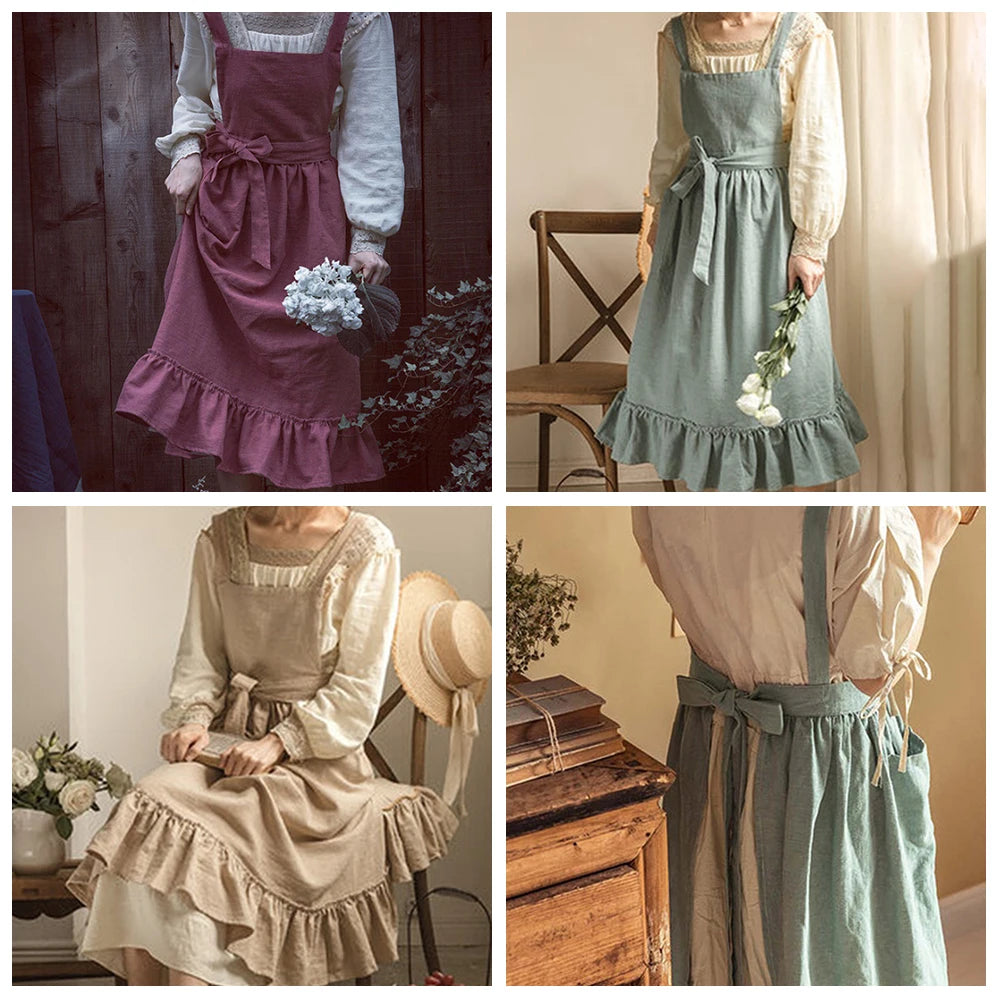 1PC French Pastoral Florist Artsy Cotton Linen Vintage Apron Kitchen Baked Nordic Solid Color Ruffled Apron