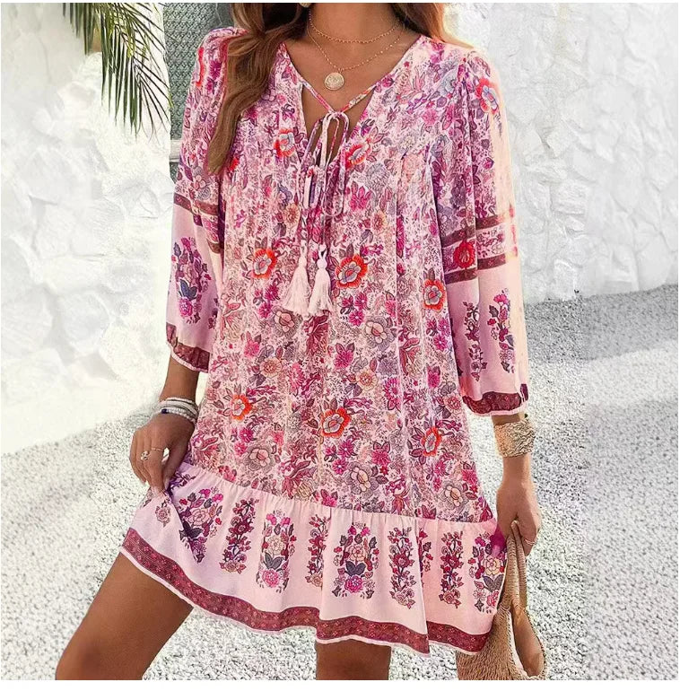 Casual Print Loose Dress For Women Fashion Long Sleeve V Neck Lace-up Vintage Pullover Dresses Lady Boho Holiday Womens Clothing