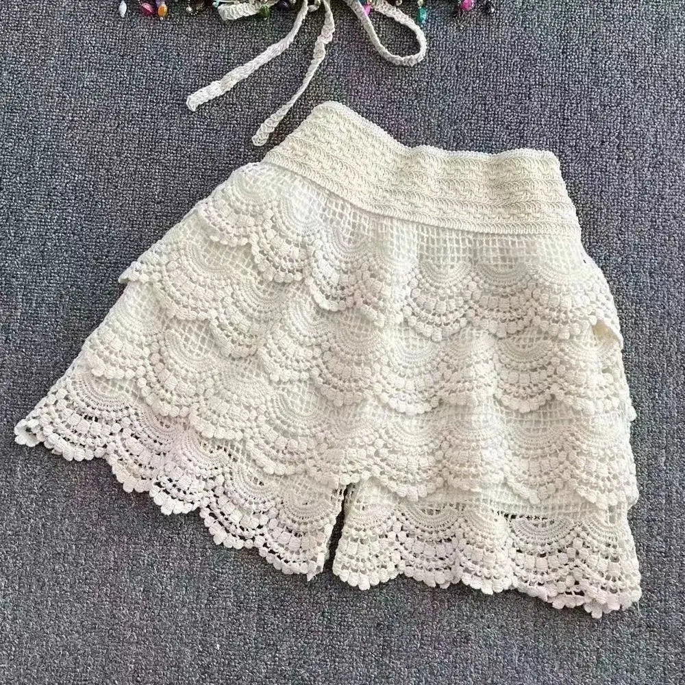 Boho Holiday Crochet Shorts for Women High Waist Hollow Out Lace-up Female Short Ladies Summer All-matching Trousers